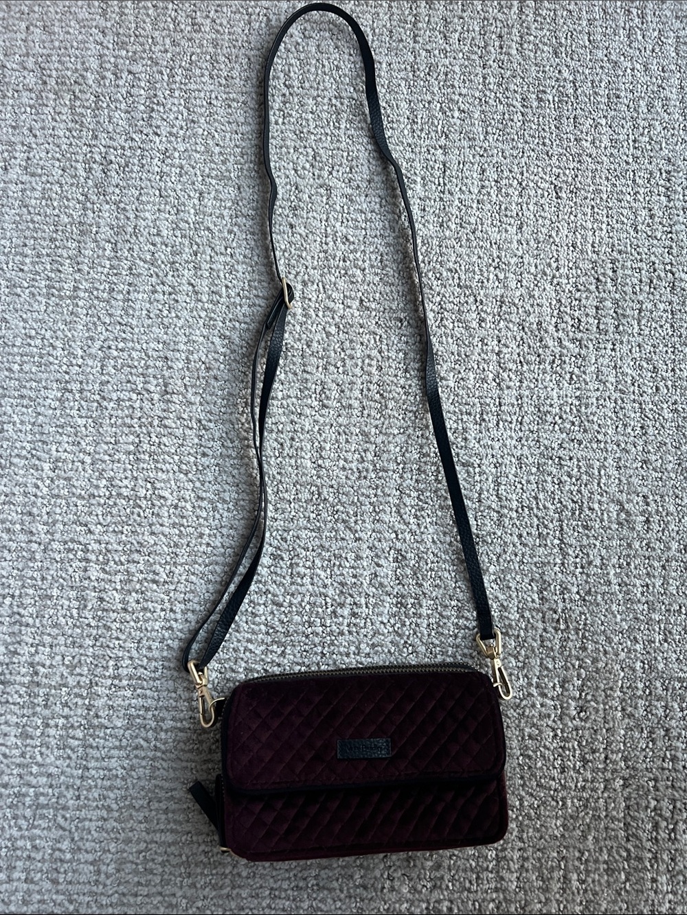 Vera Bradley Quilted Velvet Crossbody in Plum with Black Strap